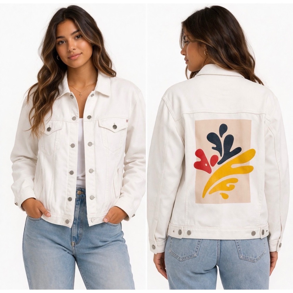AG Adriano Goldschmied Womens White Denim Jacket Back Graphic Art Print‎ Small